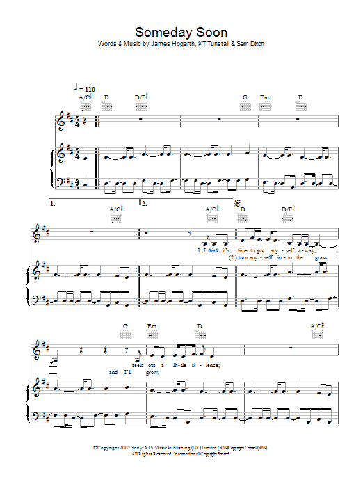 Learn to play KT Tunstall Someday Soon sheet music for Piano, Vocal & Guitar in minutes. KT Tunstall Someday Soon sheet music preview music notes and score for Piano, Vocal & Guitar including 6 page(s)
