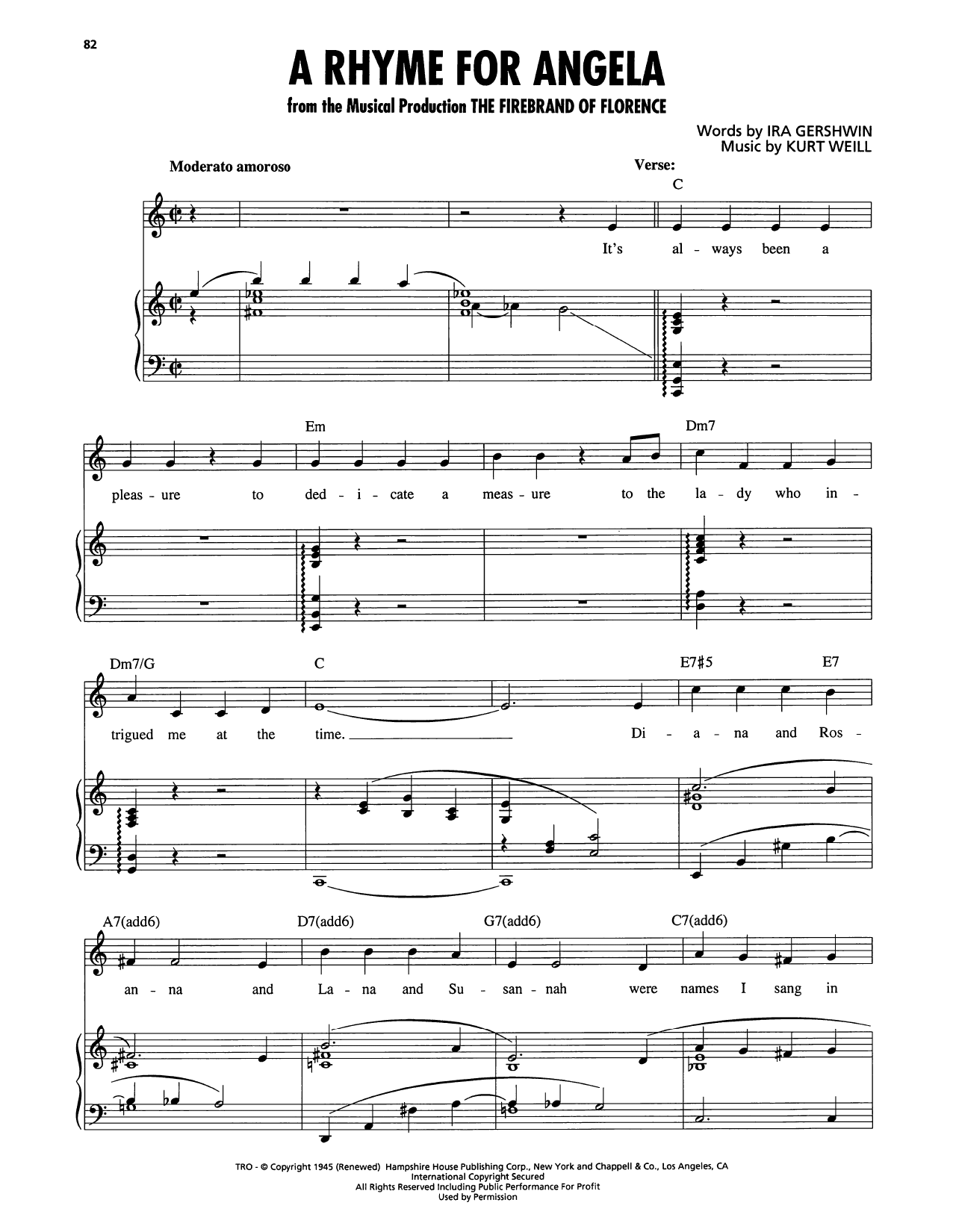Kurt Weill A Rhyme For Angela (from The Firebrand of Florence) sheet music, chords, lyrics - Printable PDF for Piano, Vocal & Guitar Chords (Right-Hand Melody)