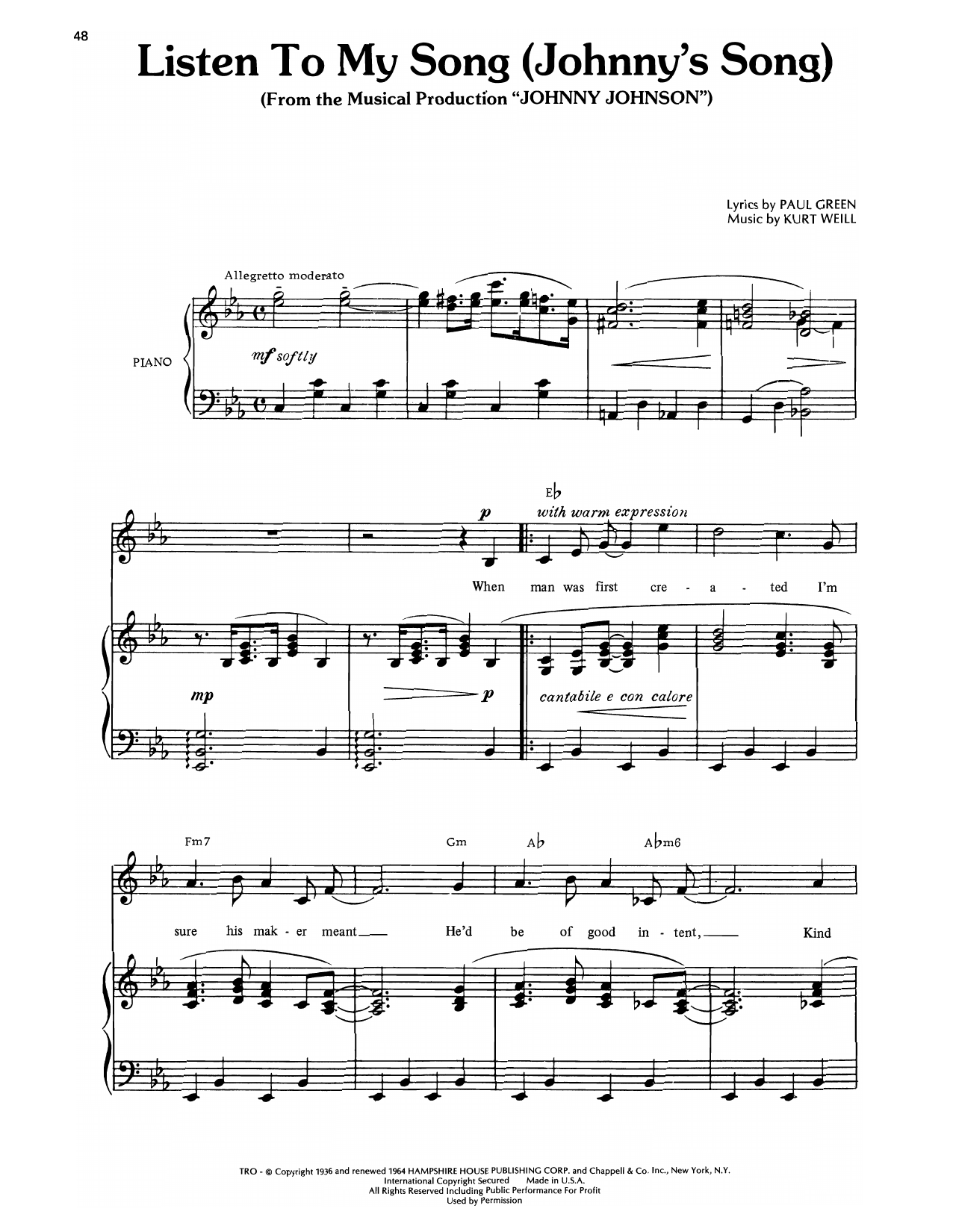 Kurt Weill Listen To My Song (from Johnny Johnson) sheet music, chords, lyrics - Printable PDF for Piano, Vocal & Guitar Chords (Right-Hand Melody)