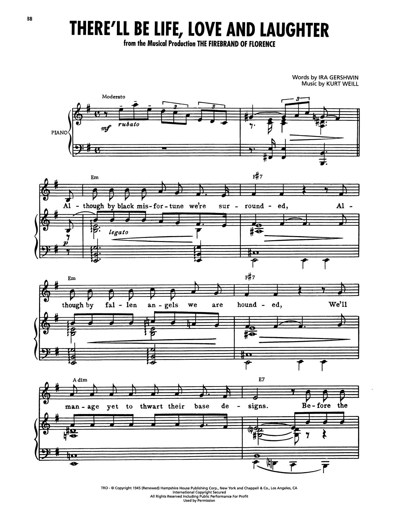Kurt Weill There'll Be Life, Love And Laughter (from The Firebrand Of Florence) sheet music, chords, lyrics - Printable PDF for Piano, Vocal & Guitar Chords (Right-Hand Melody)