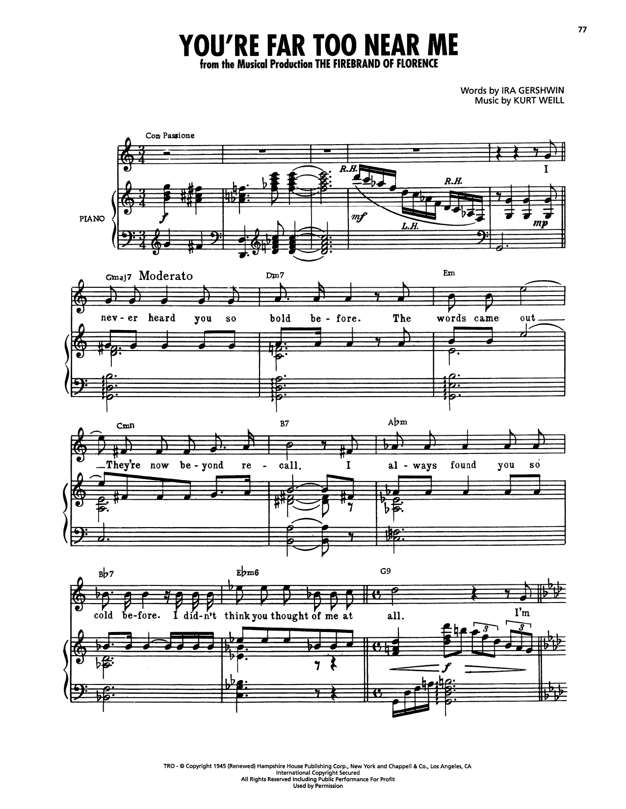 Kurt Weill You're Far Too Near Me (from The Firebrand Of Florence) sheet music, chords, lyrics - Printable PDF for Piano, Vocal & Guitar Chords (Right-Hand Melody)