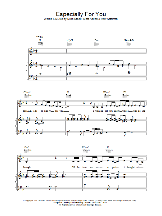 Jason Donovan & Kylie Minogue Especially For You sheet music preview music notes and score for Piano, Vocal & Guitar including 6 page(s)