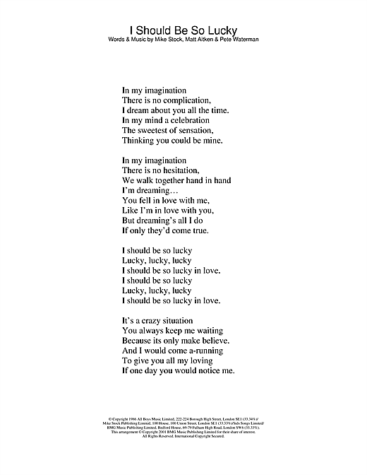 Learn to play Kylie Minogue I Should Be So Lucky sheet music for Lyrics Only in minutes. Kylie Minogue I Should Be So Lucky sheet music notes and chords