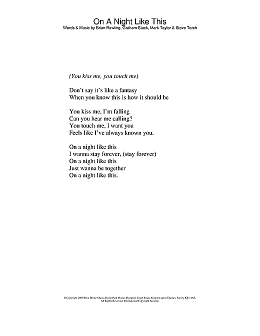 Learn to play Kylie Minogue On A Night Like This sheet music for Lyrics Only in minutes. Kylie Minogue On A Night Like This sheet music notes and chords
