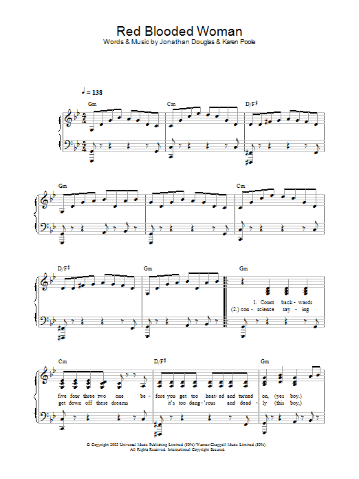 Kylie Minogue Red Blooded Woman sheet music preview music notes and score for Piano, Vocal & Guitar including 7 page(s)