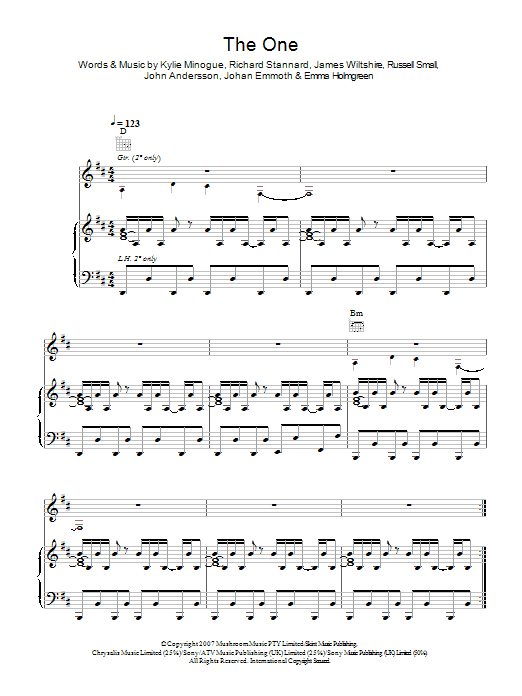 Learn to play Kylie Minogue The One sheet music for Piano, Vocal & Guitar in minutes. Kylie Minogue The One sheet music preview music notes and score for Piano, Vocal & Guitar including 6 page(s)