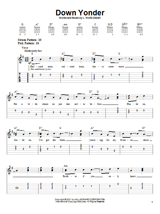 Learn to play L. Wolfe Gilbert Down Yonder sheet music for Easy Guitar in minutes. L. Wolfe Gilbert Down Yonder sheet music notes and chords
