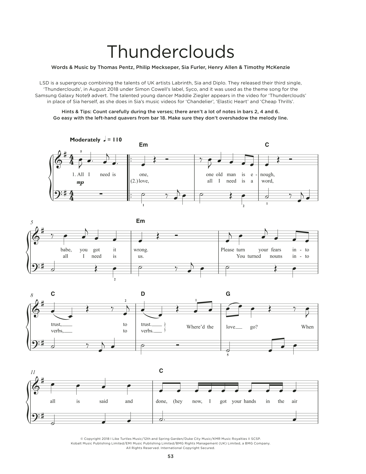 Labrinth, Sia & Diplo Thunderclouds sheet music, chords, lyrics - Printable PDF for Really Easy Piano