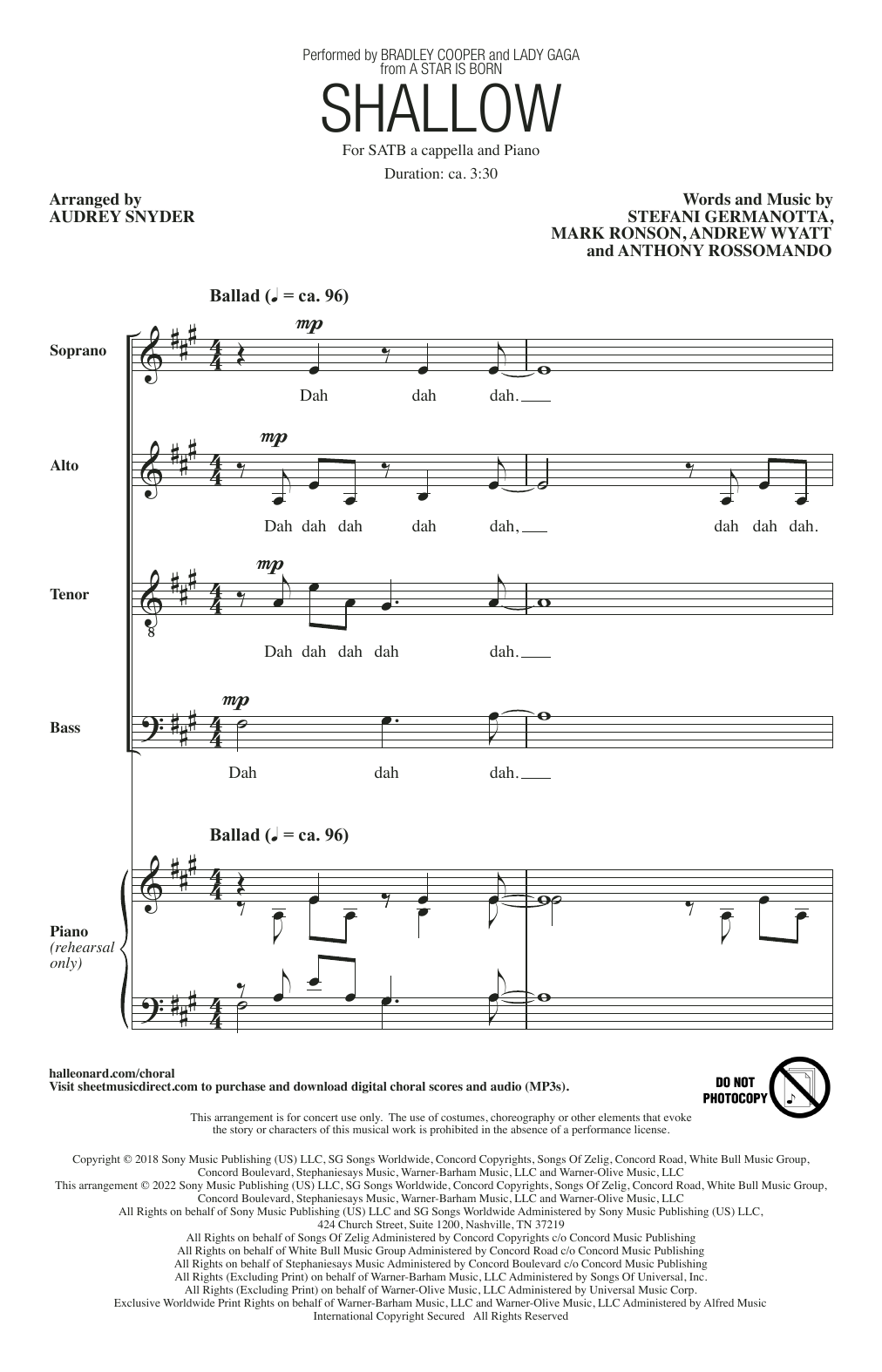 Lady Gaga & Bradley Cooper Shallow (from A Star Is Born) (arr. Audrey Snyder) sheet music, chords, lyrics - Printable PDF for SATB Choir