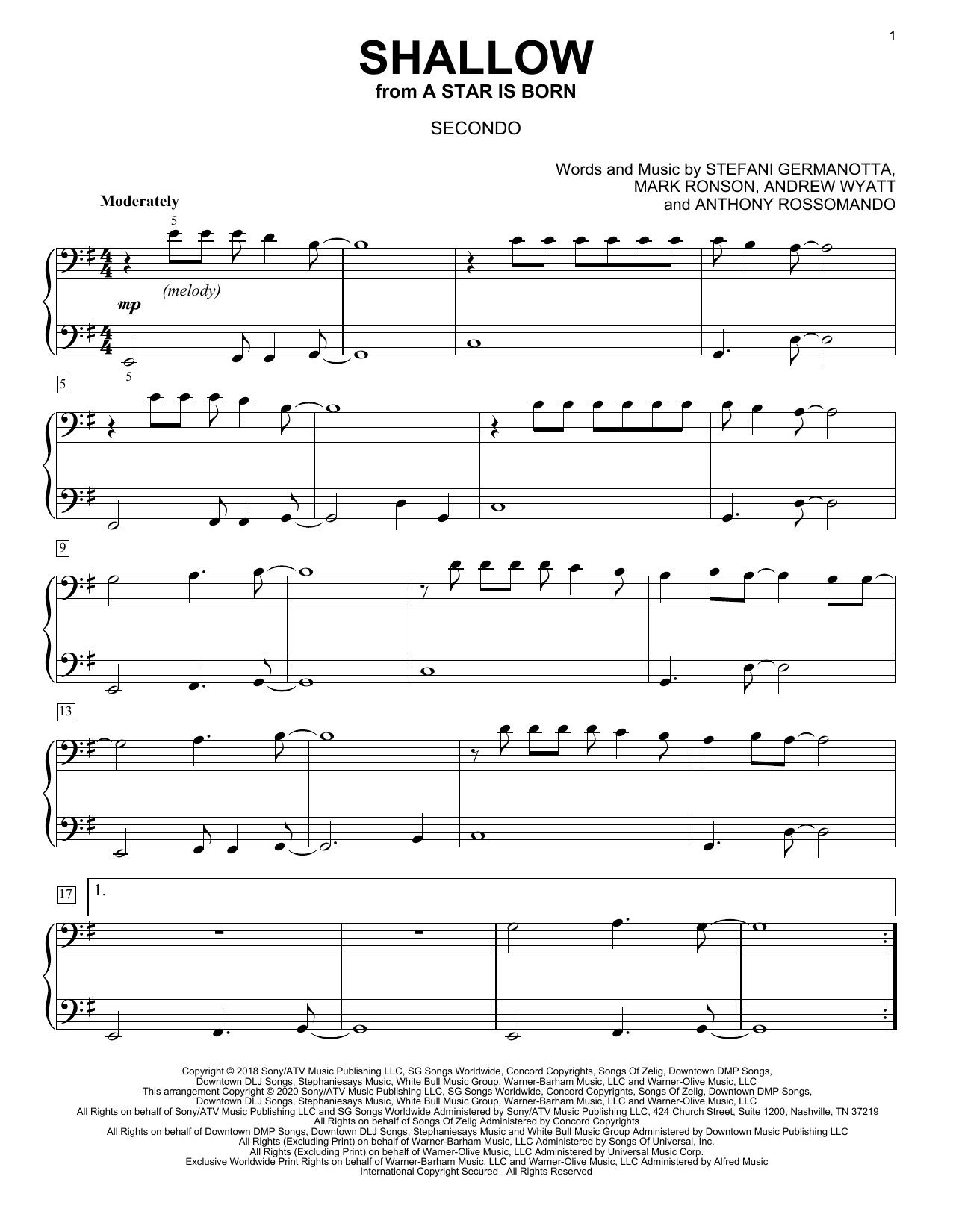 Lady Gaga & Bradley Cooper Shallow (from A Star Is Born) (arr. David Pearl) sheet music, chords, lyrics - Printable PDF for Piano Duet