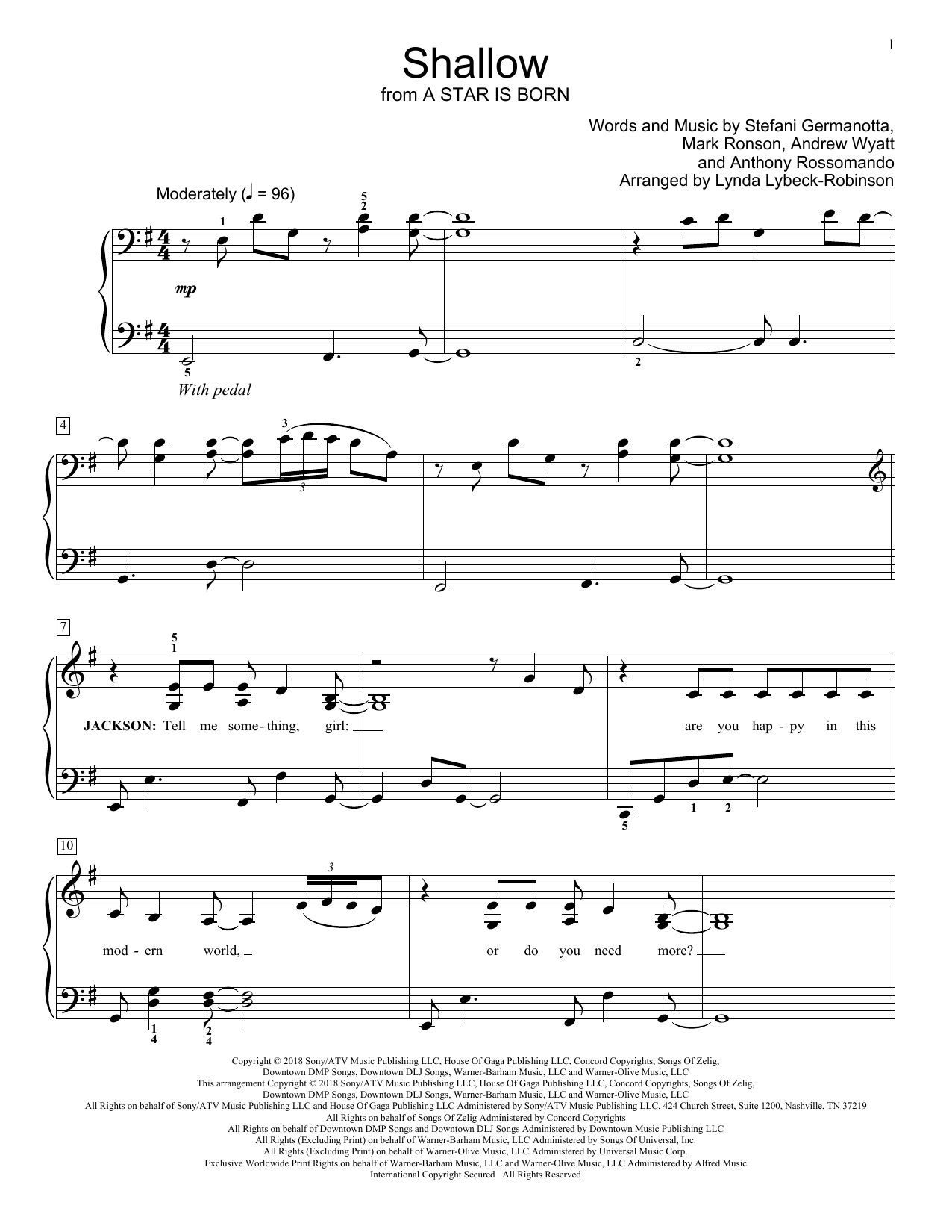 Lady Gaga & Bradley Cooper Shallow (from A Star Is Born) (arr. Lynda Lybeck-Robinson) sheet music, chords, lyrics - Printable PDF for Educational Piano