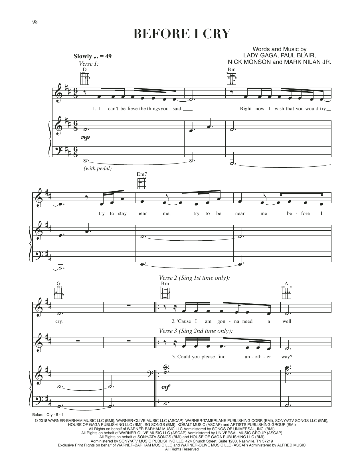 Lady Gaga Before I Cry (from A Star Is Born) sheet music, chords, lyrics - Printable PDF for Piano, Vocal & Guitar Chords (Right-Hand Melody)