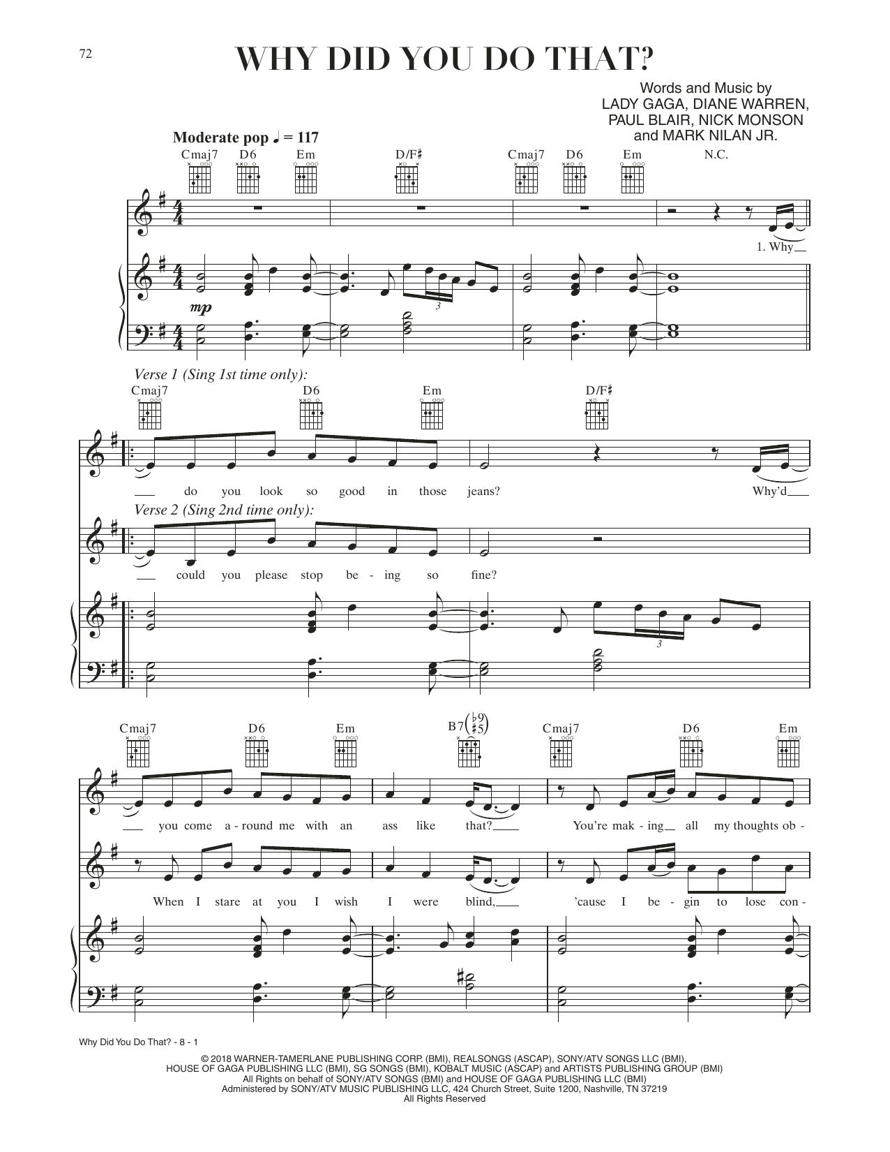 Lady Gaga Why Did You Do That? (from A Star Is Born) sheet music, chords, lyrics - Printable PDF for Piano, Vocal & Guitar Chords (Right-Hand Melody)