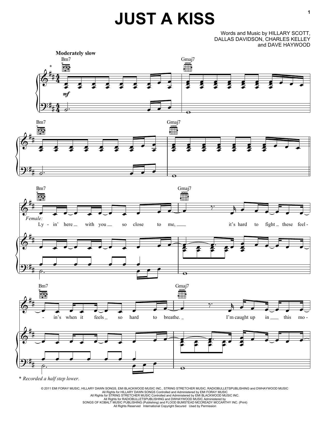 Lady Antebellum Just A Kiss sheet music preview music notes and score for Piano, Vocal & Guitar (Right-Hand Melody) including 7 page(s)
