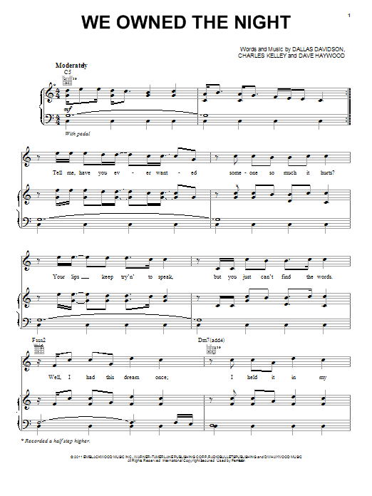Lady Antebellum We Owned The Night sheet music preview music notes and score for Piano, Vocal & Guitar (Right-Hand Melody) including 7 page(s)