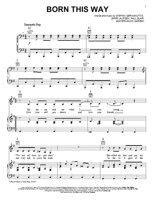 Lady GaGa Born This Way sheet music preview music notes and score for Piano, Vocal & Guitar (Right-Hand Melody) including 7 page(s)