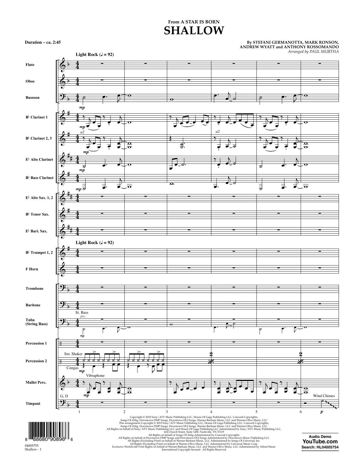 Learn to play Lady Gaga & Bradley Cooper Shallow (from A Star Is Born) (arr. Paul Murtha) - Conductor Score (Full Score) sheet music for Jazz Ensemble in minutes. Lady Gaga & Bradley Cooper Shallow (from A Star Is Born) (arr. Paul Murtha) - Conductor Score (Full Score) sheet music preview music notes and score for Jazz Ensemble including 10 page(s)