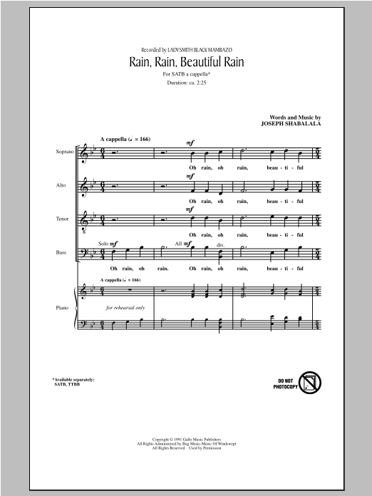 Joseph Shabalala Rain, Rain, Beautiful Rain sheet music, chords, lyrics - Printable PDF for SATB