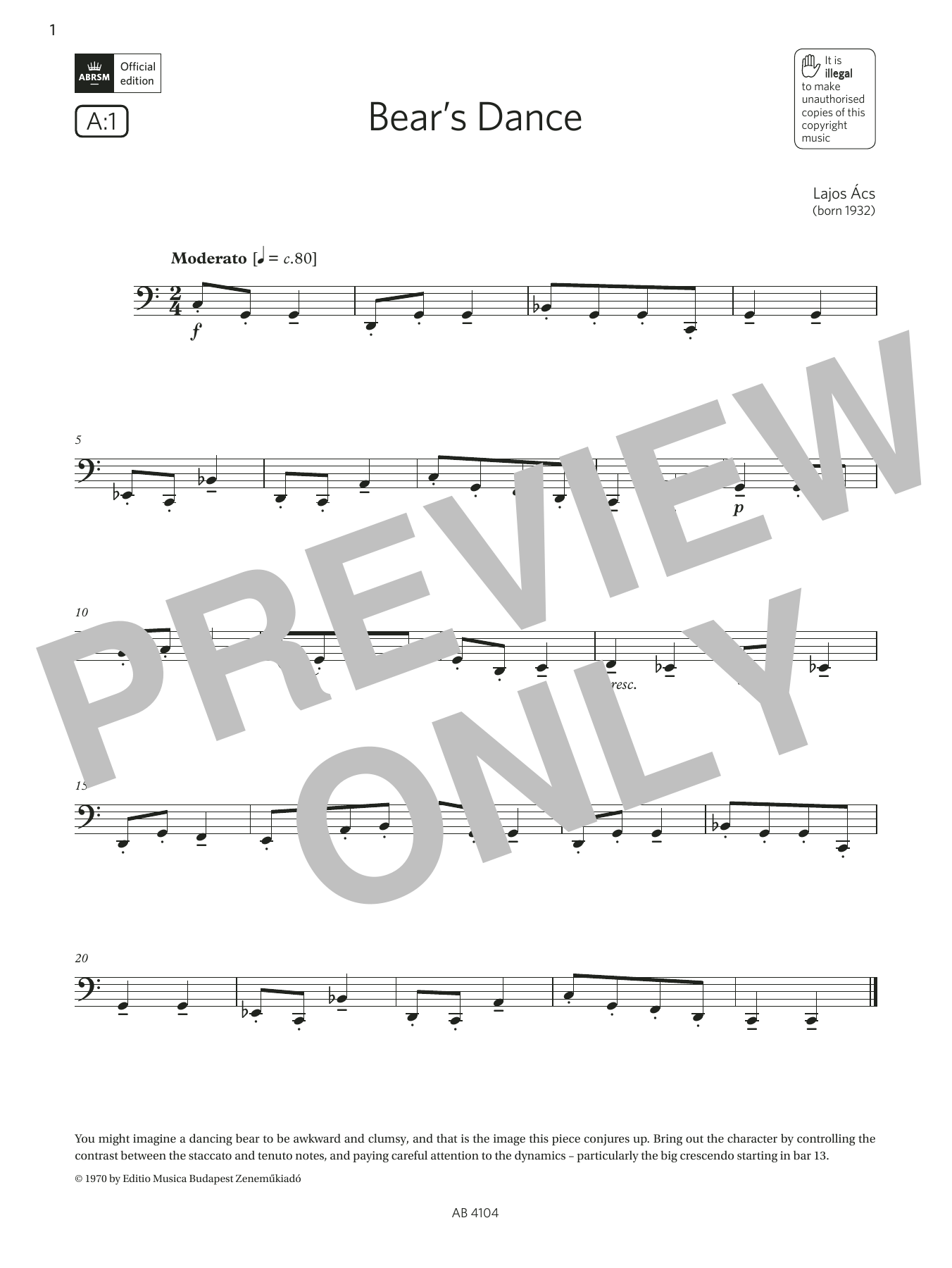 Lajos Ács Bear's Dance (Grade 1, A1, from the ABRSM Cello Syllabus from 2024) sheet music, chords, lyrics - Printable PDF for Cello Solo