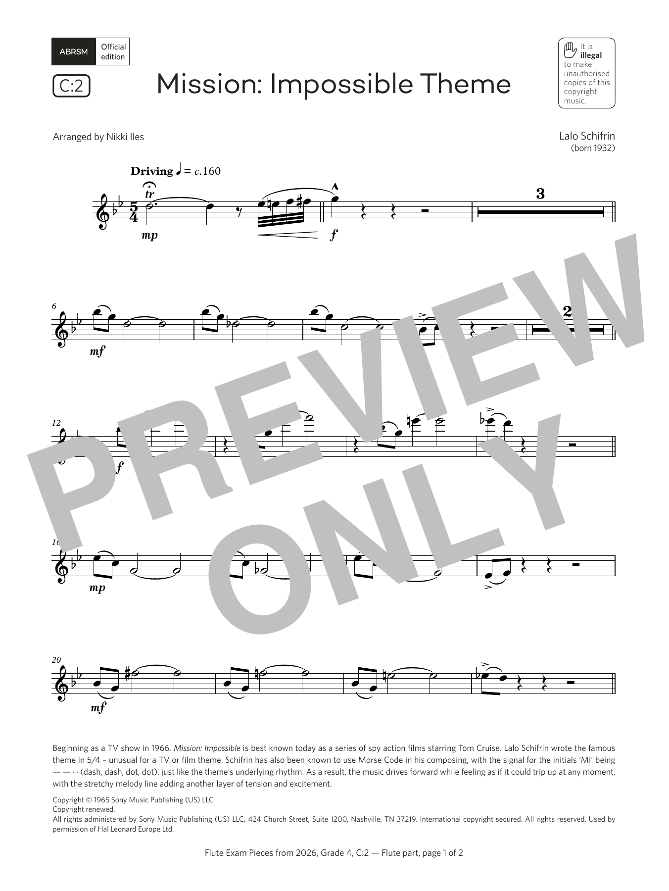 Lalo Schifrin Mission: Impossible Theme (Grade 4, list C2, from the ABRSM Flute Syllabus from 2026) sheet music, chords, lyrics - Printable PDF for Flute Solo