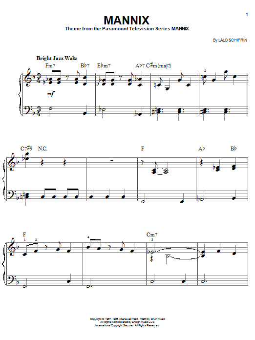 Learn to play Lalo Schifrin Mannix sheet music for Piano in minutes. Lalo Schifrin Mannix sheet music preview music notes and score for Piano including 3 page(s)