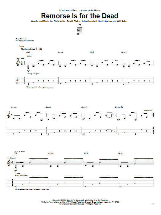 Lamb of God Remorse Is For The Dead sheet music, chords, lyrics - Printable PDF for Guitar Tab