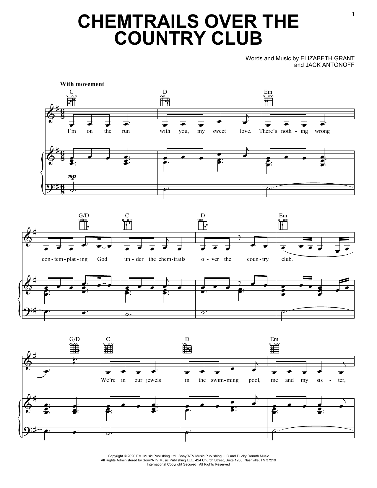 Learn to play Lana Del Rey Chemtrails Over The Country Club sheet music for Piano, Vocal & Guitar (Right-Hand Melody) in minutes. Lana Del Rey Chemtrails Over The Country Club sheet music preview music notes and score for Piano, Vocal & Guitar (Right-Hand Melody) including 7 page(s)
