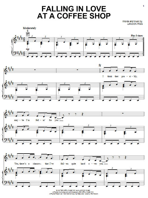 Landon Pigg Falling In Love At A Coffee Shop sheet music, chords, lyrics - Printable PDF for Piano, Vocal & Guitar (Right-Hand Melody)