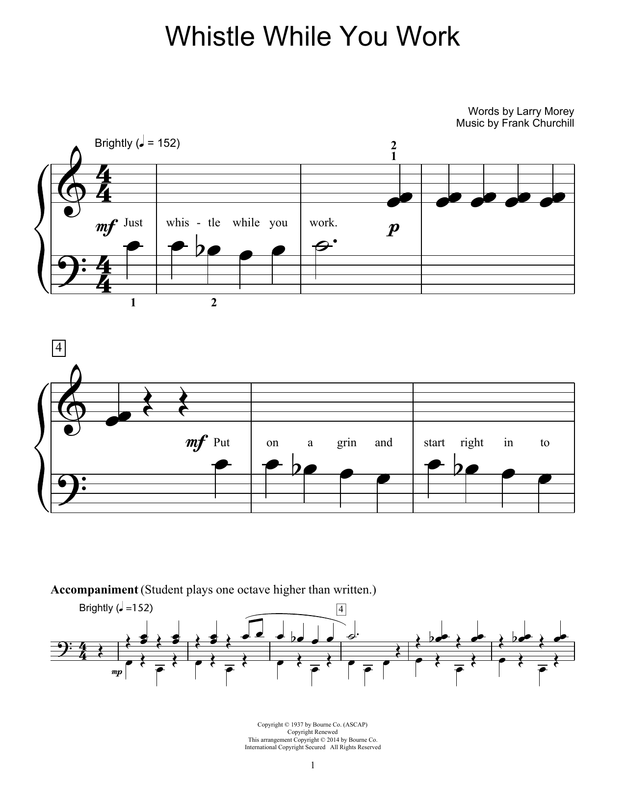Frank Churchill Whistle While You Work sheet music, chords, lyrics - Printable PDF for Educational Piano