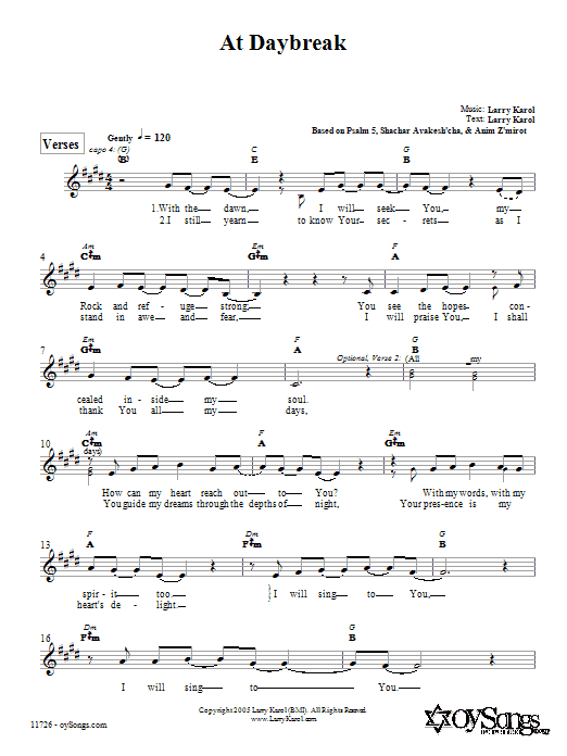 Learn to play Larry Karol At Daybreak sheet music for Melody Line, Lyrics & Chords in minutes. Larry Karol At Daybreak sheet music preview music notes and score for Melody Line, Lyrics & Chords including 3 page(s)