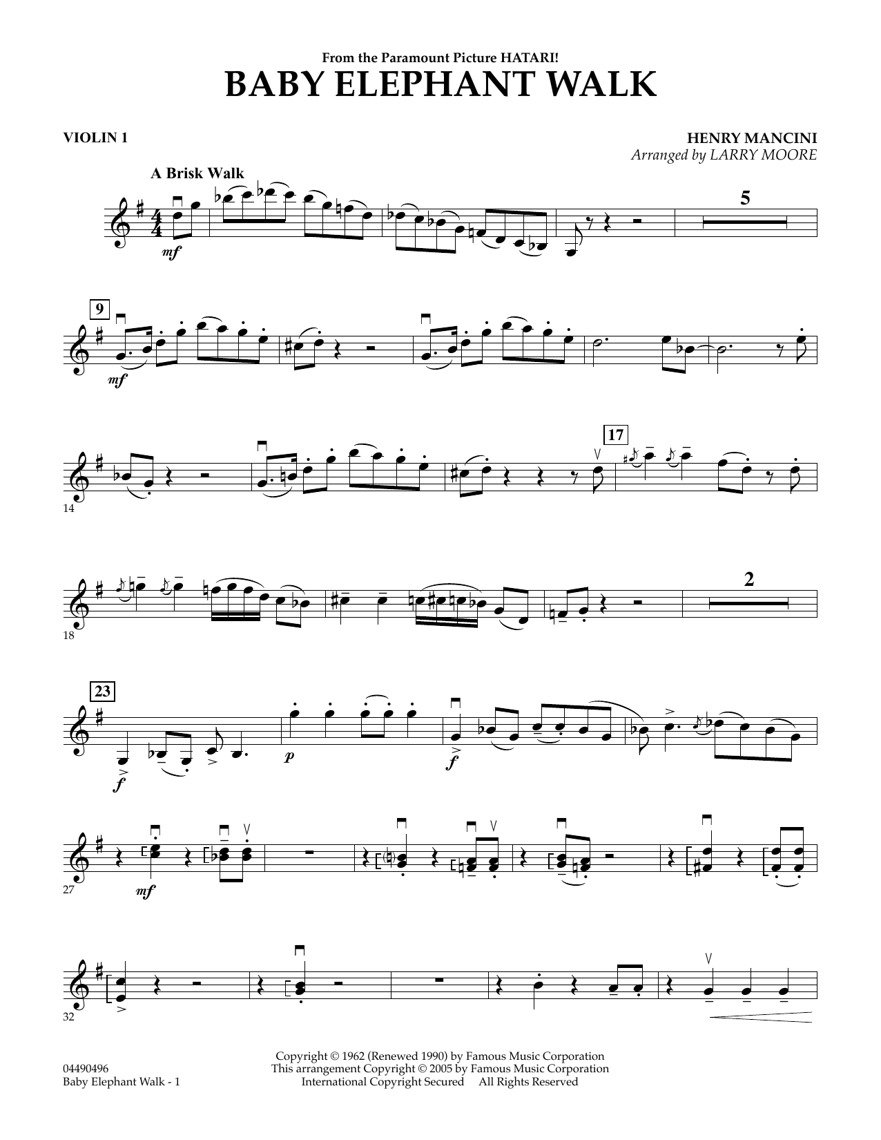 Learn to play Larry Moore Baby Elephant Walk - Violin 1 sheet music for String Quartet in minutes. Larry Moore Baby Elephant Walk - Violin 1 sheet music preview music notes and score for String Quartet including 2 page(s)
