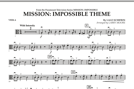 Learn to play Larry Moore Mission: Impossible Theme - Viola sheet music for String Quartet in minutes. Larry Moore Mission: Impossible Theme - Viola sheet music preview music notes and score for String Quartet including 1 page(s)