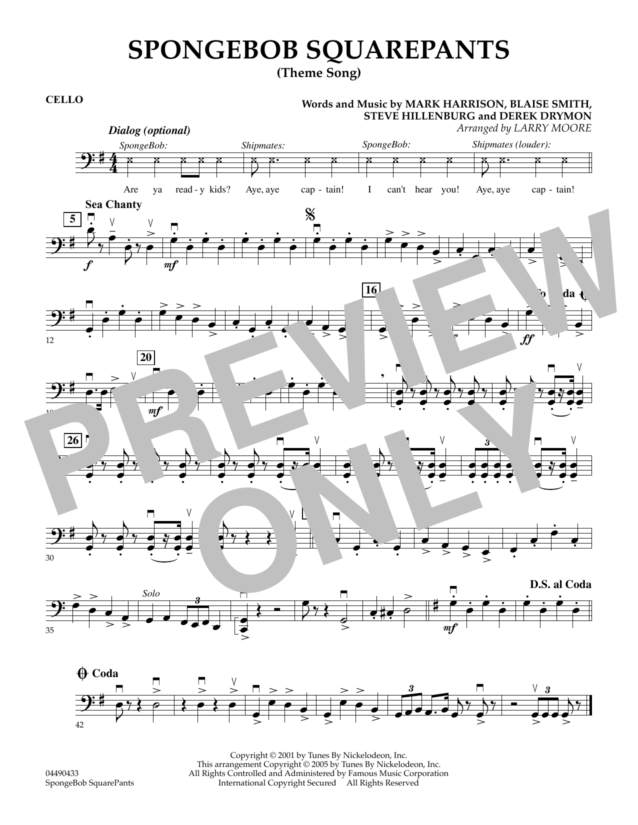 Learn to play Larry Moore SpongeBob SquarePants (Theme Song) - Cello sheet music for String Quartet in minutes. Larry Moore SpongeBob SquarePants (Theme Song) - Cello sheet music preview music notes and score for String Quartet including 1 page(s)