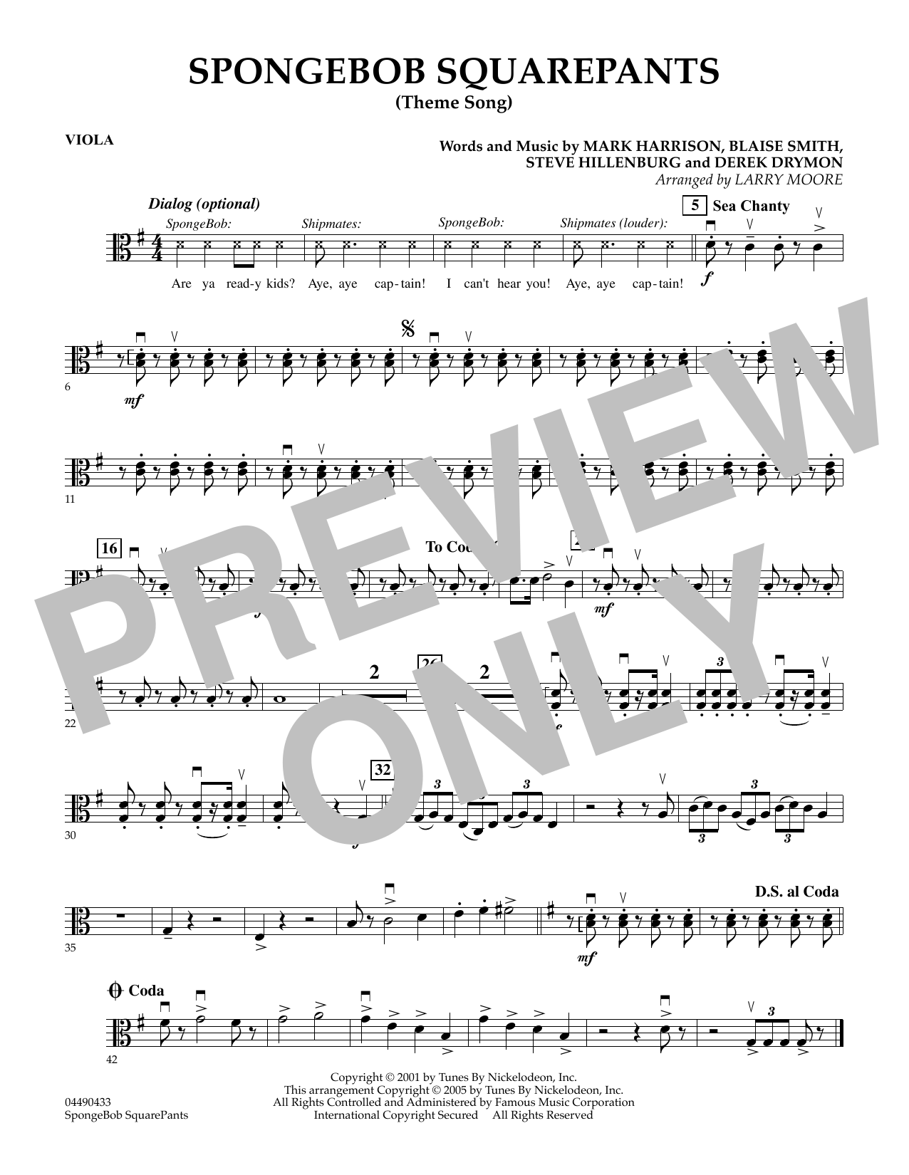 Learn to play Larry Moore SpongeBob SquarePants (Theme Song) - Viola sheet music for String Quartet in minutes. Larry Moore SpongeBob SquarePants (Theme Song) - Viola sheet music preview music notes and score for String Quartet including 1 page(s)