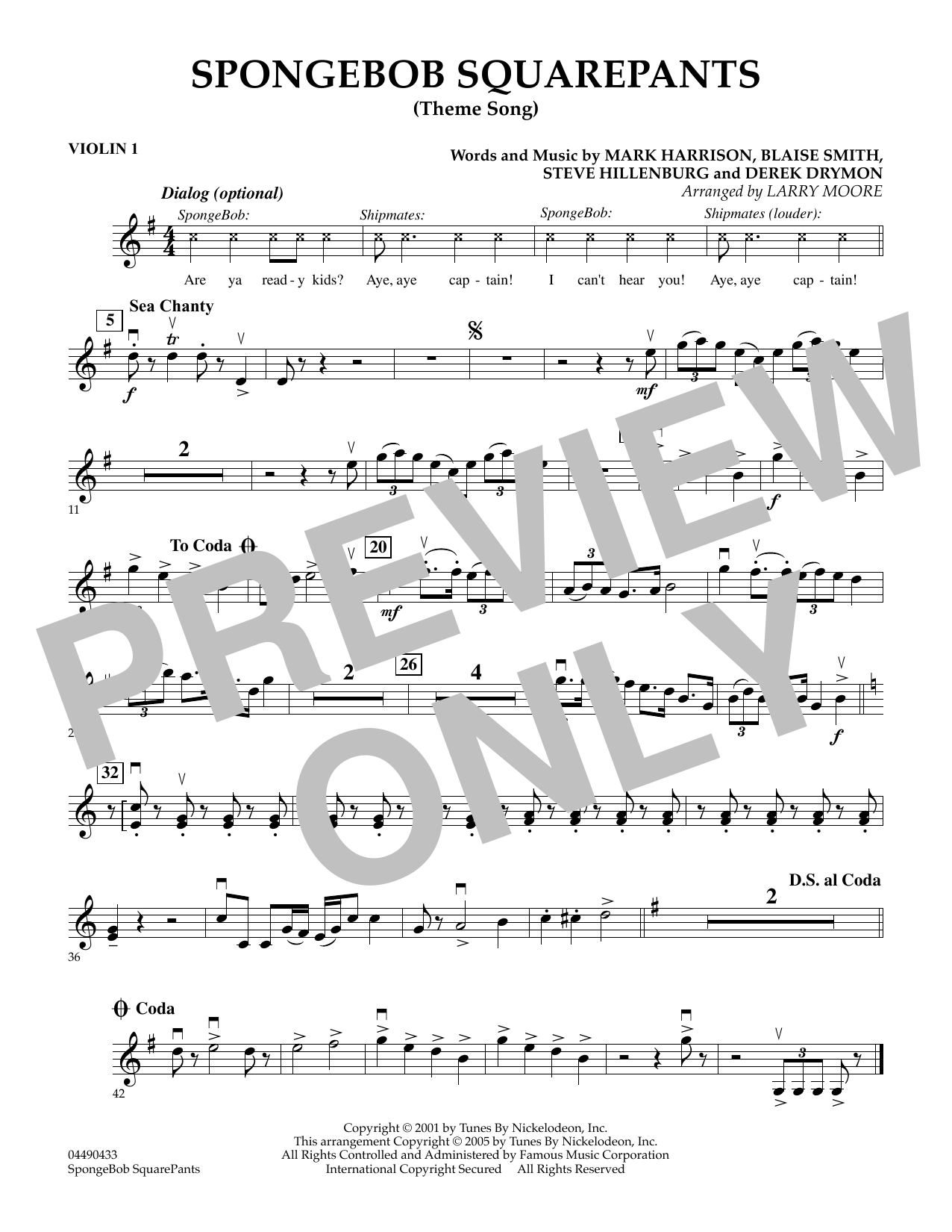 Learn to play Larry Moore SpongeBob SquarePants (Theme Song) - Violin 1 sheet music for String Quartet in minutes. Larry Moore SpongeBob SquarePants (Theme Song) - Violin 1 sheet music preview music notes and score for String Quartet including 1 page(s)