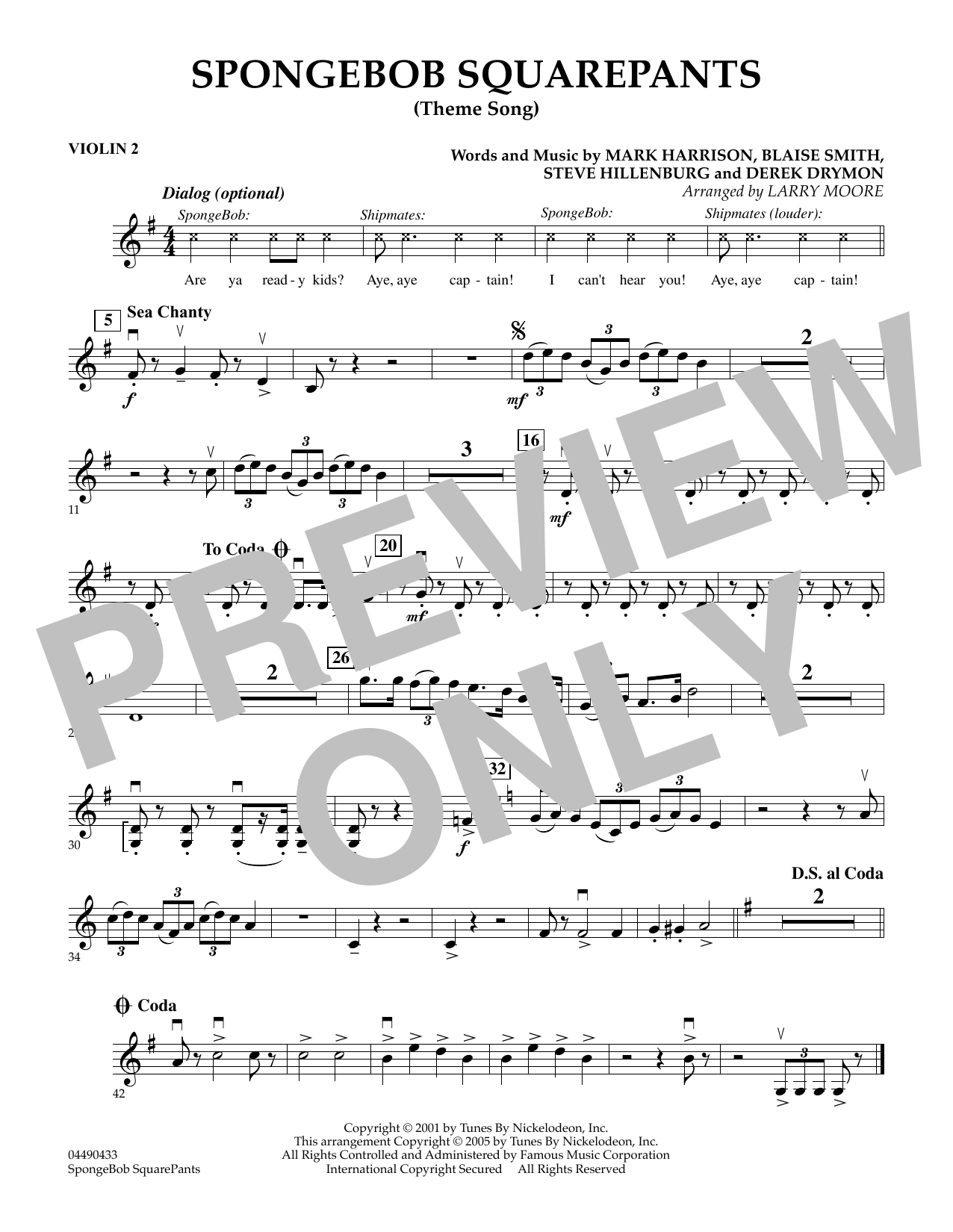 Learn to play Larry Moore SpongeBob SquarePants (Theme Song) - Violin 2 sheet music for String Quartet in minutes. Larry Moore SpongeBob SquarePants (Theme Song) - Violin 2 sheet music preview music notes and score for String Quartet including 1 page(s)