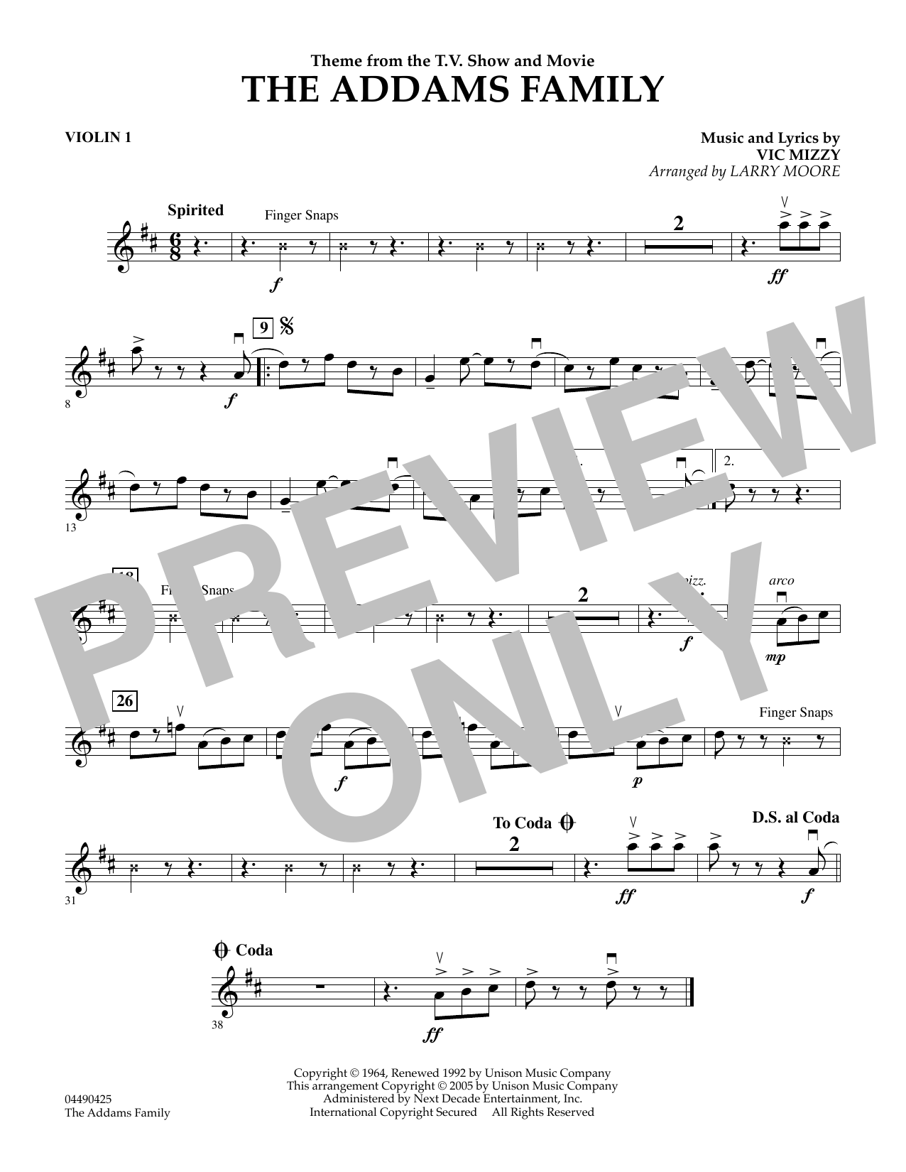 Learn to play Larry Moore The Addams Family (Theme) - Violin 1 sheet music for String Quartet in minutes. Larry Moore The Addams Family (Theme) - Violin 1 sheet music preview music notes and score for String Quartet including 1 page(s)