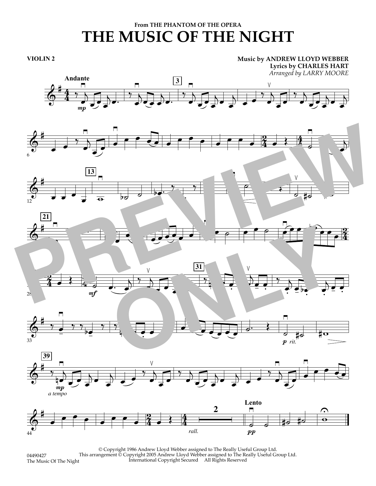 Learn to play Larry Moore The Music of the Night (from The Phantom of the Opera) - Violin 2 sheet music for String Quartet in minutes. Larry Moore The Music of the Night (from The Phantom of the Opera) - Violin 2 sheet music preview music notes and score for String Quartet including 1 page(s)