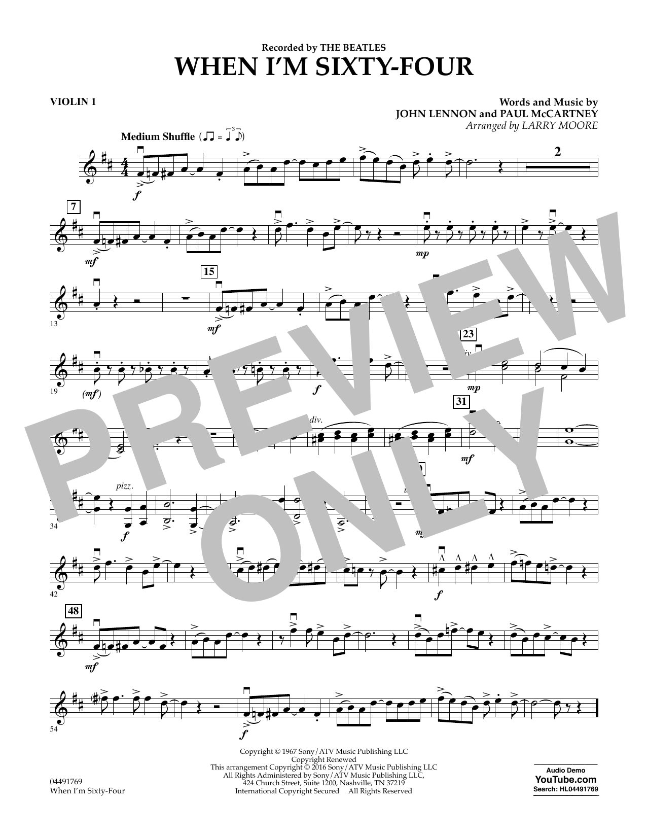 Learn to play Larry Moore When I'm Sixty-Four - Violin 1 sheet music for String Quartet in minutes. Larry Moore When I'm Sixty-Four - Violin 1 sheet music preview music notes and score for String Quartet including 1 page(s)