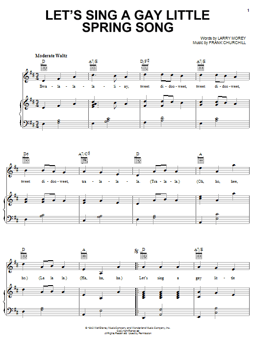 Larry Morey Let's Sing A Gay Little Spring Song (from Bambi II) sheet music preview music notes and score for Piano, Vocal & Guitar (Right-Hand Melody) including 5 page(s)