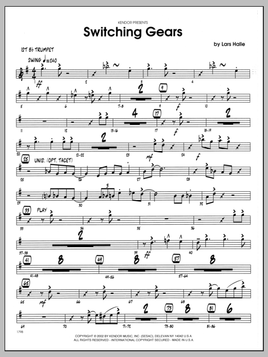 Learn to play Lars Halle Switching Gears - 1st Bb Trumpet sheet music for Jazz Ensemble in minutes. Lars Halle Switching Gears - 1st Bb Trumpet sheet music preview music notes and score for Jazz Ensemble including 2 page(s)