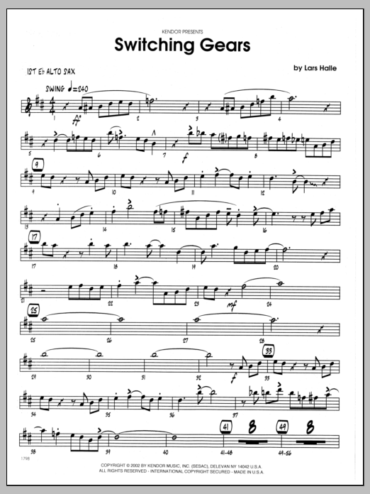 Learn to play Lars Halle Switching Gears - 1st Eb Alto Saxophone sheet music for Jazz Ensemble in minutes. Lars Halle Switching Gears - 1st Eb Alto Saxophone sheet music preview music notes and score for Jazz Ensemble including 3 page(s)
