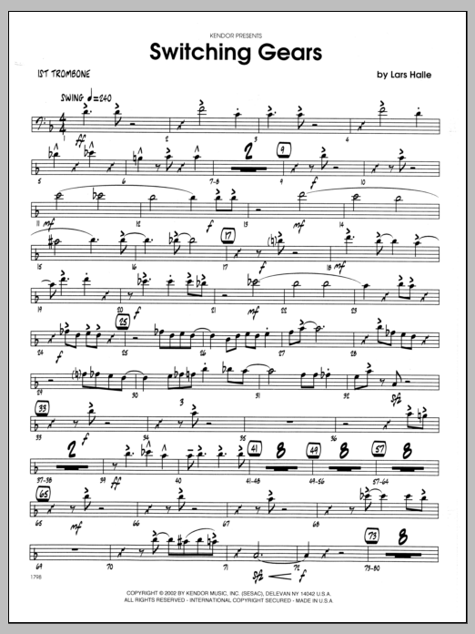 Learn to play Lars Halle Switching Gears - 1st Trombone sheet music for Jazz Ensemble in minutes. Lars Halle Switching Gears - 1st Trombone sheet music preview music notes and score for Jazz Ensemble including 2 page(s)