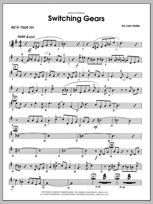 Learn to play Lars Halle Switching Gears - 2nd Bb Tenor Saxophone sheet music for Jazz Ensemble in minutes. Lars Halle Switching Gears - 2nd Bb Tenor Saxophone sheet music preview music notes and score for Jazz Ensemble including 3 page(s)