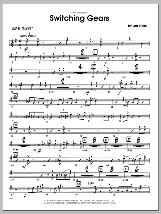 Learn to play Lars Halle Switching Gears - 2nd Bb Trumpet sheet music for Jazz Ensemble in minutes. Lars Halle Switching Gears - 2nd Bb Trumpet sheet music preview music notes and score for Jazz Ensemble including 2 page(s)