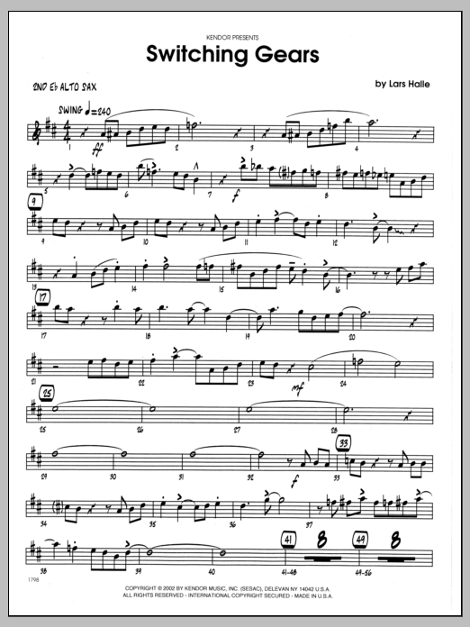 Learn to play Lars Halle Switching Gears - 2nd Eb Alto Saxophone sheet music for Jazz Ensemble in minutes. Lars Halle Switching Gears - 2nd Eb Alto Saxophone sheet music preview music notes and score for Jazz Ensemble including 3 page(s)