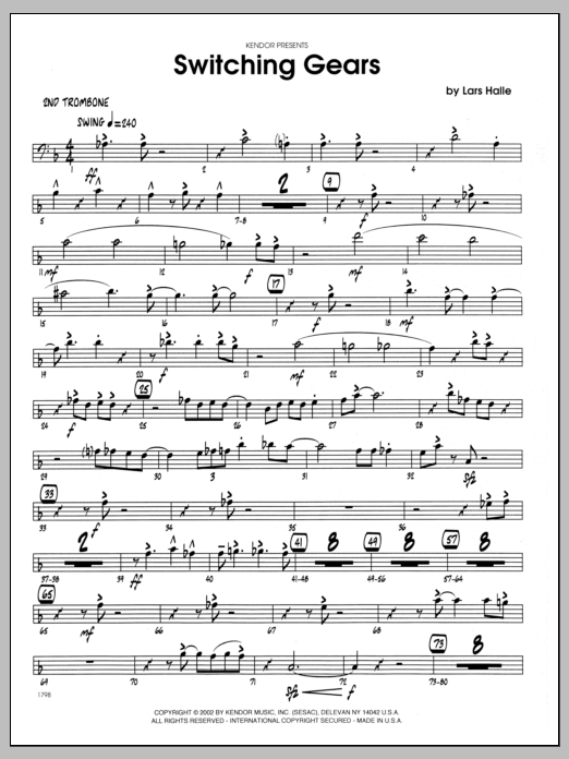 Learn to play Lars Halle Switching Gears - 2nd Trombone sheet music for Jazz Ensemble in minutes. Lars Halle Switching Gears - 2nd Trombone sheet music preview music notes and score for Jazz Ensemble including 2 page(s)