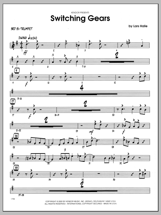 Learn to play Lars Halle Switching Gears - 3rd Bb Trumpet sheet music for Jazz Ensemble in minutes. Lars Halle Switching Gears - 3rd Bb Trumpet sheet music preview music notes and score for Jazz Ensemble including 3 page(s)
