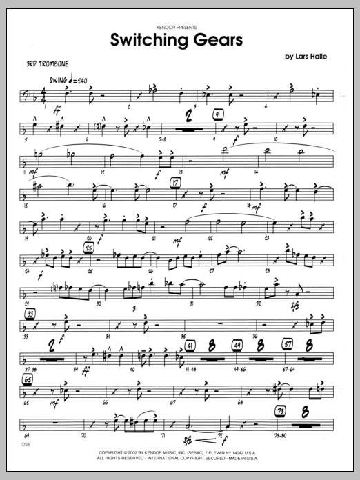 Learn to play Lars Halle Switching Gears - 3rd Trombone sheet music for Jazz Ensemble in minutes. Lars Halle Switching Gears - 3rd Trombone sheet music preview music notes and score for Jazz Ensemble including 2 page(s)