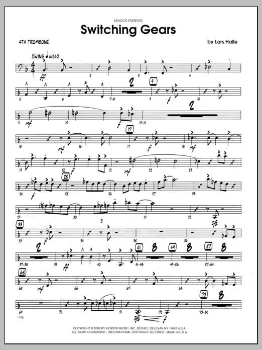 Learn to play Lars Halle Switching Gears - 4th Trombone sheet music for Jazz Ensemble in minutes. Lars Halle Switching Gears - 4th Trombone sheet music preview music notes and score for Jazz Ensemble including 2 page(s)